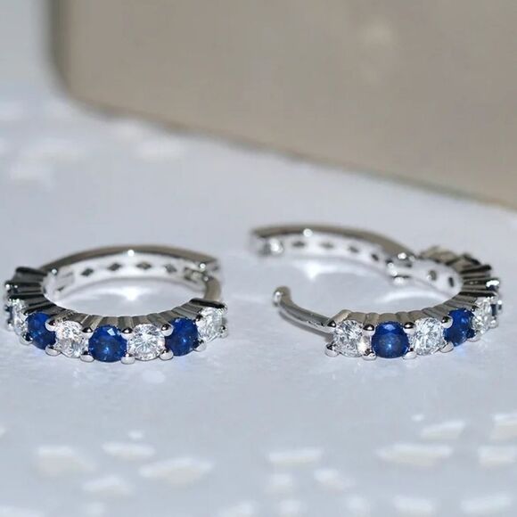 Beautiful Blue and White 2.20 Ct. Sapphire Hoop Earrings 14K White Gold on 925 - Picture 5 of 8